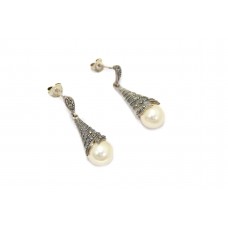 Handmade Designer Earrings 925 Sterling Silver Pearl & Marcasite Stones E50